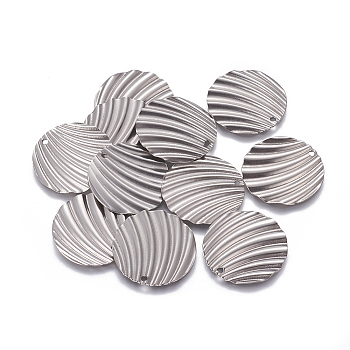 201 Stainless Steel Pendants, Textured, Flat Round, Stainless Steel Color, 28x1mm, Hole: 1.8mm