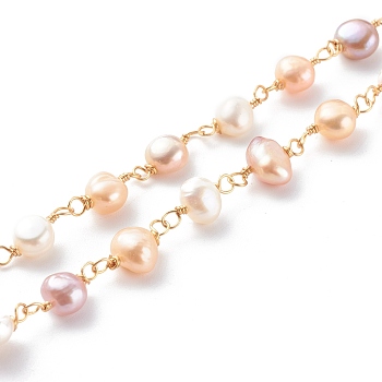 1 Strand Handmade Cultured Freshwater Pearl Beaded Chains, with Copper Wire, Soldered, Real 18K Gold Plated, 6~10x7~9x4~7mm, about 3.28Feet/strand(1m/strand)