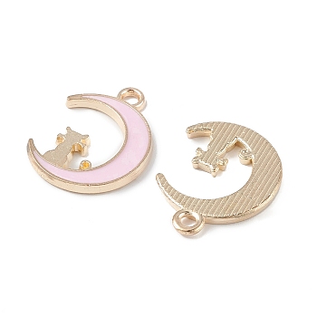 Alloy Enamel Pendants, Light Gold, Moon with Cat Charm, Pearl Pink, 19.5x14.5x1.5mm, Hole: 2mm