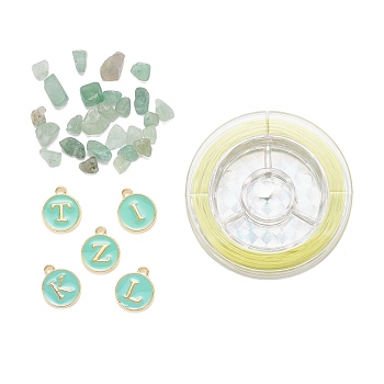 26Pcs Flat Round Initial Letter A~Z Alphabet Enamel Charms, 20G Natural Green Aventurine Chip Beads and Elastic Thread, for DIY Jewelry Making Kits, Green, Alphabet Enamel Charms: 26pcs/set, 1 set