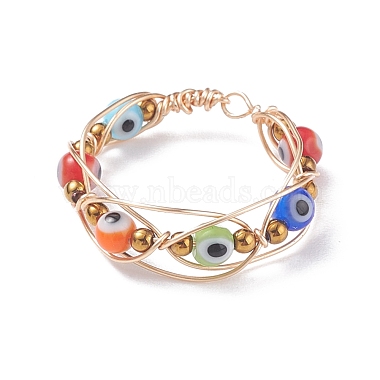 Round Evil Eye Lampwork & Glass Braided Bead Finger Ring(RJEW-JR00449-01)-1