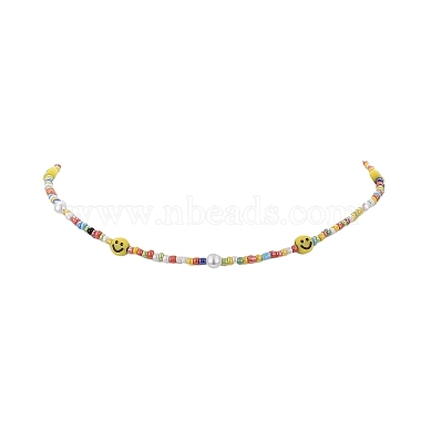 Glass Seed & Acrylic Smiling Face & Imitation Pearl Beaded Necklace for Women(NJEW-JN04292)-4