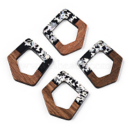 Opaque Resin & Walnut Wood Pendants, Pentagon Charms with Butterfly Paillettes, Silver, 35.5x32.5x3.5mm, Hole: 2mm(RESI-N039-61B)