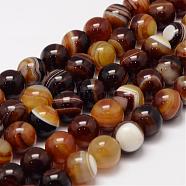 Natural Striped Agate/Banded Agate Bead Strands, Round, Grade A, Dyed & Heated, Saddle Brown, 10mm, Hole: 1mm, about 37~38pcs/strand, 14.5 inch(G-K155-A-10mm-07)