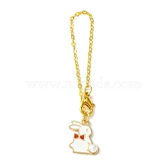 Alloy Enamel Rabbit Cup Pendant Decorations, with Brass Flat Oval Cable Chains, Indian Red, 130mm(HJEW-JM01753-02)