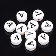 Handmade Porcelain Beads, Horizontal Hole, Flat Round with Letter, White, Letter.A, 8~8.5x4.5mm, Hole: 2mm(PORC-Q259-01A)