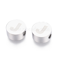 304 Stainless Steel Beads, Flat Round with Letter, Letter.J, 10x4.5mm, Hole: 2mm(STAS-I126-02P-J)