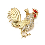 Rack Plating Brass Micro Pave Cubic Zirconia Pendants, Long-Lasting Plated, Lead Free & Cadmium Free, Rooster Charms, with Jump Ring, Real 18K Gold Plated, 31x29x4mm, Hole: 4x3mm(ZIRC-F142-53G)