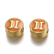 Brass Beads, with Enamel, Flat Round with Constellation, Real 18K Gold Plated, Orange, Gemini, 10x5mm, Hole: 4.5x2.5mm(ENAM-I046-02G-07)