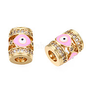 Brass Micro Pave Cubic Zirconia Beads, with Enamel, Real 18K Gold Plated, Column with Evil Eye, Nickel Free, Pearl Pink, 11.5x9.5mm, Hole: 4.5mm(KK-N227-90E)