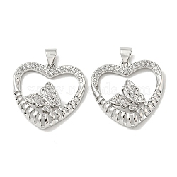 Rack Plating Brass Micro Pave Cubic Zirconia Pendants, Long-Lasting Plated, Lead Free & Cadmium Free, Heart with Butterfly Charm, Platinum, 22x22x4mm, Hole: 5x3mm(KK-F869-17P)