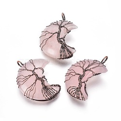 Natural Rose Quartz Tree of Life Wire Wrapped Pendants, with Brass Findings, Crescent Moon, Red Copper, 44~46x26~32x12.5mm, Hole: 6.5x4.5mm(G-L520-E01-R-NF)