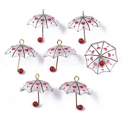 Printed Acrylic Pendants, ABS Plastic Imitation Pearl and Golden Plated Brass Loops, 3D Umbrella with Heart Pattern, Red, 20~21x20x20mm, Hole: 1.6mm(KY-S163-093B-01)