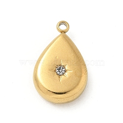 304 Stainless Steel Rhinestone Pendants, Golden, Teardrop, 16x10x4mm, Hole: 1.4mm(STAS-I322-27G-03)