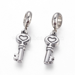 304 Stainless Steel European Dangle Charms, Large Hole Pendants, Key with Heart, Antique Silver, 29mm, Hole: 5mm, Pendant: 19x8x3mm(STAS-P217-11AS)