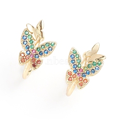 Brass Micro Pave Cubic Zirconia Cuff Earrings, Long-Lasting Plated, Butterfly, Colorful, Golden, 13x12.5x1.2~9mm(EJEW-G274-02G)
