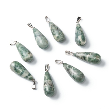 Natural Qinghai Jade Pendants, with Platinum Brass Findings, Teardrop, 26.5~29x10mm, Hole: 2.5~3.5x4~6mm