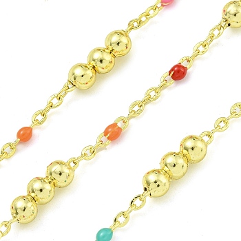 Brass Enamel Round Beaded Link Chain, Soldered, with Spool, Long-Lasting Plated, Cadmium Free & Lead Free, Real 18K Gold Plated, Colorful, 12x3.5mm