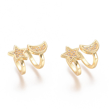 Golden Plated Brass Micro Pave Cubic Zirconia Cuff Earrings, Long-Lasting Plated, Star & Moon, Clear, 16x13x10mm
