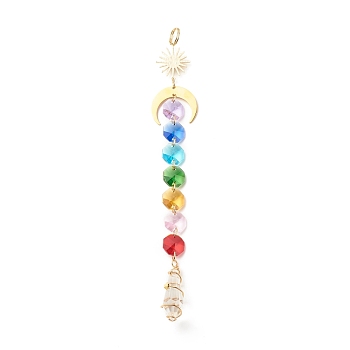 Sun Catcher Pendant Decorations, Glass & 201 Stainless Steel & Brass Hanging Ornament, Star & Moon & Teardrop, Colorful, 200mm