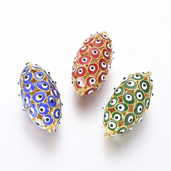 Golden Plated Brass Enamel Links, Hollow, Olive with Evil Eye, Mixed Color, 36x16mm, Hole: 1.4mm