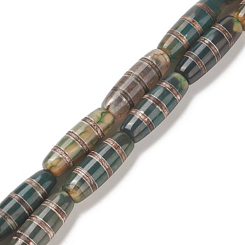 Tibetan Style Striped Pattern dZi Beads Strands, Natural Agate Beads, Dyed & Heated, Oval/Oblong, Dark Green, 31~33x12~12.5mm, Hole: 2~2.5mm, about 10pcs/strand, 14.5 inch(37cm)