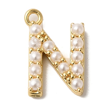 Plastic Imitation Pearl Pendants, with Brass Findings, Golden, Letter N, 7~14x13.5~15x3mm, Hole: 1.3~1.4mm