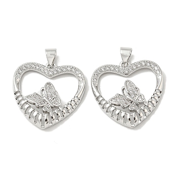 Rack Plating Brass Micro Pave Cubic Zirconia Pendants, Long-Lasting Plated, Lead Free & Cadmium Free, Heart with Butterfly Charm, Platinum, 22x22x4mm, Hole: 5x3mm