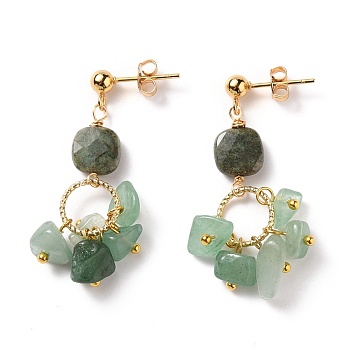 Natural Green Grass Agate & Aventurine Dangle Stud Earrings, with Golden Plated 304 Stainless Steel Stud Earring, Brass Linking Rings & Ear Nuts, Chip, 34mm, Pin: 1mm