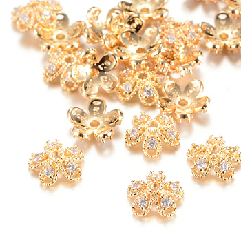 55-Petal Brass Bead Caps, with Rhinestone, Flower, Crystal, Light Gold, 8x8.5x3mm, Hole: 1mm