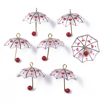 Printed Acrylic Pendants, ABS Plastic Imitation Pearl and Golden Plated Brass Loops, 3D Umbrella with Heart Pattern, Red, 20~21x20x20mm, Hole: 1.6mm