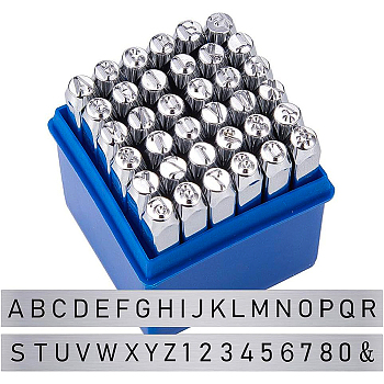 Iron Metal Stamps, Including Letter A~Z, Number 0~8 and Ampersand &, Platinum, 64x8x8mm, 36pcs/box