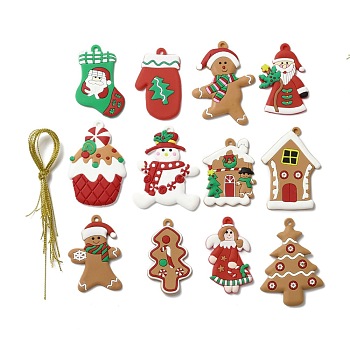 PVC Hanging Decorations, with Cord, Christmas Theme, Mixed Shapes, Mixed Color, Pendant: 66~78x38~58x2.5~4mm, Hole: 3.5~4.3mm, 12pcs/set