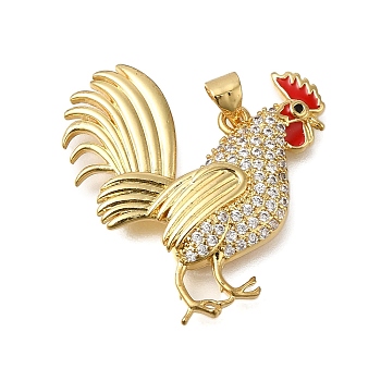 Rack Plating Brass Micro Pave Cubic Zirconia Pendants, Long-Lasting Plated, Lead Free & Cadmium Free, Rooster Charms, with Jump Ring, Real 18K Gold Plated, 31x29x4mm, Hole: 4x3mm