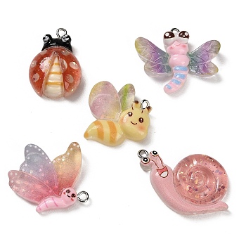 Transaprent Resin Pendants, Insect Charm, with Platinum Iron Loop & Paillette, Mixed Color, 24~37x18~30x6~9.5mm, Hole: 2mm