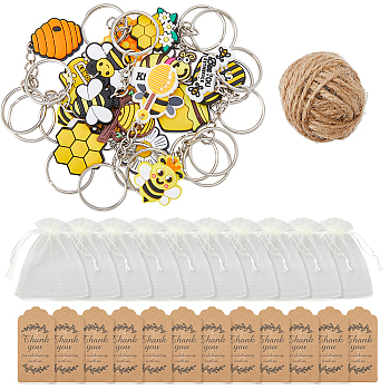 Bees Theme Keychain Favors Set, Including PVC Keychain, Organza Gift Bags, Thank You Paper Gift Tags for Party Supplies Gift, Yellow, 54Pcs/box