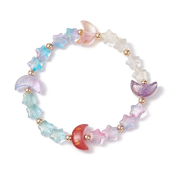Moon and Star Glass Beaded Stretch Bracelet, Colorful, Inner Diameter: 2-1/8 inch(5.5cm)