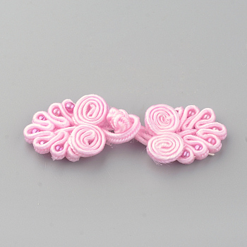 Handmade Chinese Frogs Knots Buttons Sets, Polyester Button, Flower, Pearl Pink, 64~72x21~24x4~5mm
