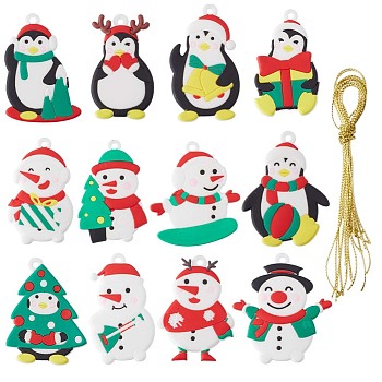 2 Sets 2 Style PVC Plastic Ornaments, with Polyester Cord, for DIY Crafts Christmas Tree Hanging Decorations, Mixed Patterns, 60~67x36~44x3mm, Hole: 4mm, 1 set/style