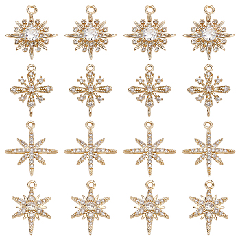 16Pcs 4 Styles Brass Micro Pave Clear Cubic Zirconia Pendants, Star Charms, Golden, 19~20.5x12.5~18x2~13mm, Hole: 1.2~1.6mm, 4pcs/style