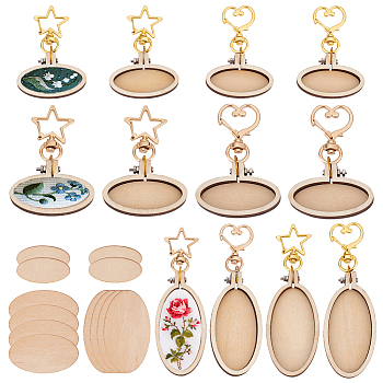 12Pcs 12 Styles Oval Wood Keychain Cabochon Settings, with Golden and Light Glod Tone Zinc Alloy Swivel Lobster Clasps, BurlyWood, 65~105mm, 1pc/style