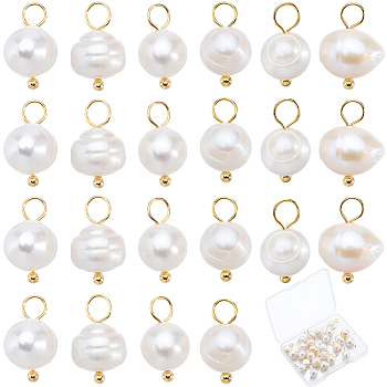 Natural Cultured Freshwater Pearl Potato Charms with Golden Plated 304 Stainless Steel Loops, Golden, 14mm, Hole: 2.5mm