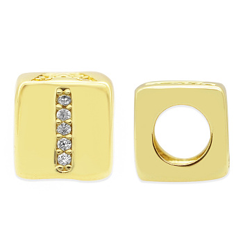 Brass Micro Pave Clear Cubic Zirconia European Beads, Cube with Letter, Letter.I, 8.5x8.5x8.5mm, Hole: 5mm, 3pcs/bag
