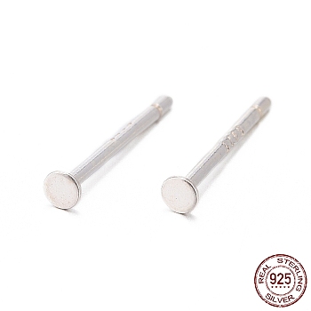 925 Sterling Silver Flat Pad  Stud Earring Findings, Earring Posts with 925 Stamp, Silver, tray: 2mm, 11.5mm, Pin: 0.8mm