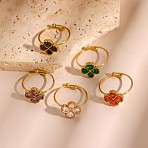 304 Stainless Steel Pave Cubic Zirconia Cuff Rings for Women, Four Leaf Clover, Ion Plating(IP), Long-Lasting Plated, Real 18K Gold Plated, Mixed Color, 18mm(STAS-OY012-50G)