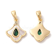 Brass Cubic Zirconia Pendants, with Shell, Ginkgo Leaf with Teardrop Pattern, Real 18K Gold Plated, 15x12x2mm, Hole: 2x4.8mm(KK-M243-44G)