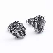 Retro 304 Stainless Steel Stud Earrings, with Ear Nuts, Buddha Head, Antique Silver, 11x9.5mm, Pin: 0.7mm(EJEW-L248-016AS)