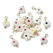Glass Charms, with Real 18K Gold Plated Brass Loop, Flower Charm, Mixed Color, 13x6x2.5mm, Hole: 2mm(KK-P242-13G)