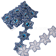 Iron on/Sew on Ethnic Style Embroidery Flower Polyester Lace Ribbons, with Glass and Paillette, Jacquard Ribbon, Tyrolean Ribbon, Garment Accessories, Royal Blue, 2-1/2 inch(65mm), 5 yards/card(OCOR-WH0060-47B)