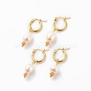 Natural Pearl & Glass Beaded Dangle Hoop Earrings, 304 Stainless Steel Jewelry for Women, Golden, 32~35mm, Pin: 0.6mm(EJEW-JE05009)